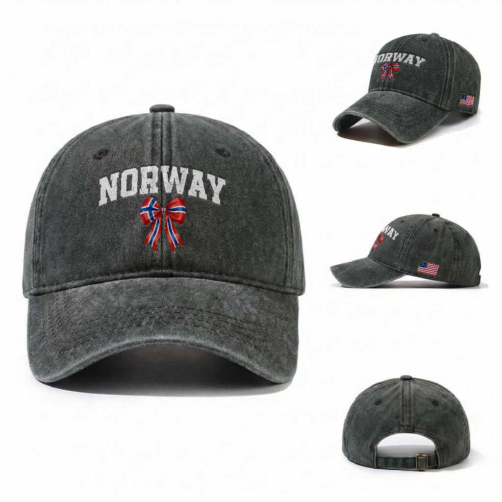 Norwegian Girl Coquette Bow Washed Cotton Baseball Cap Norway Flag Pride Gift TS12 Washed Cap Universal Fit Dark Green Print Your Wear