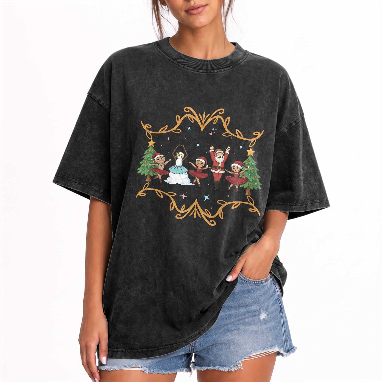 Ballet Lover Christmas Washed Cotton T-Shirt Funny Gingerbread Santa Snowman Dance