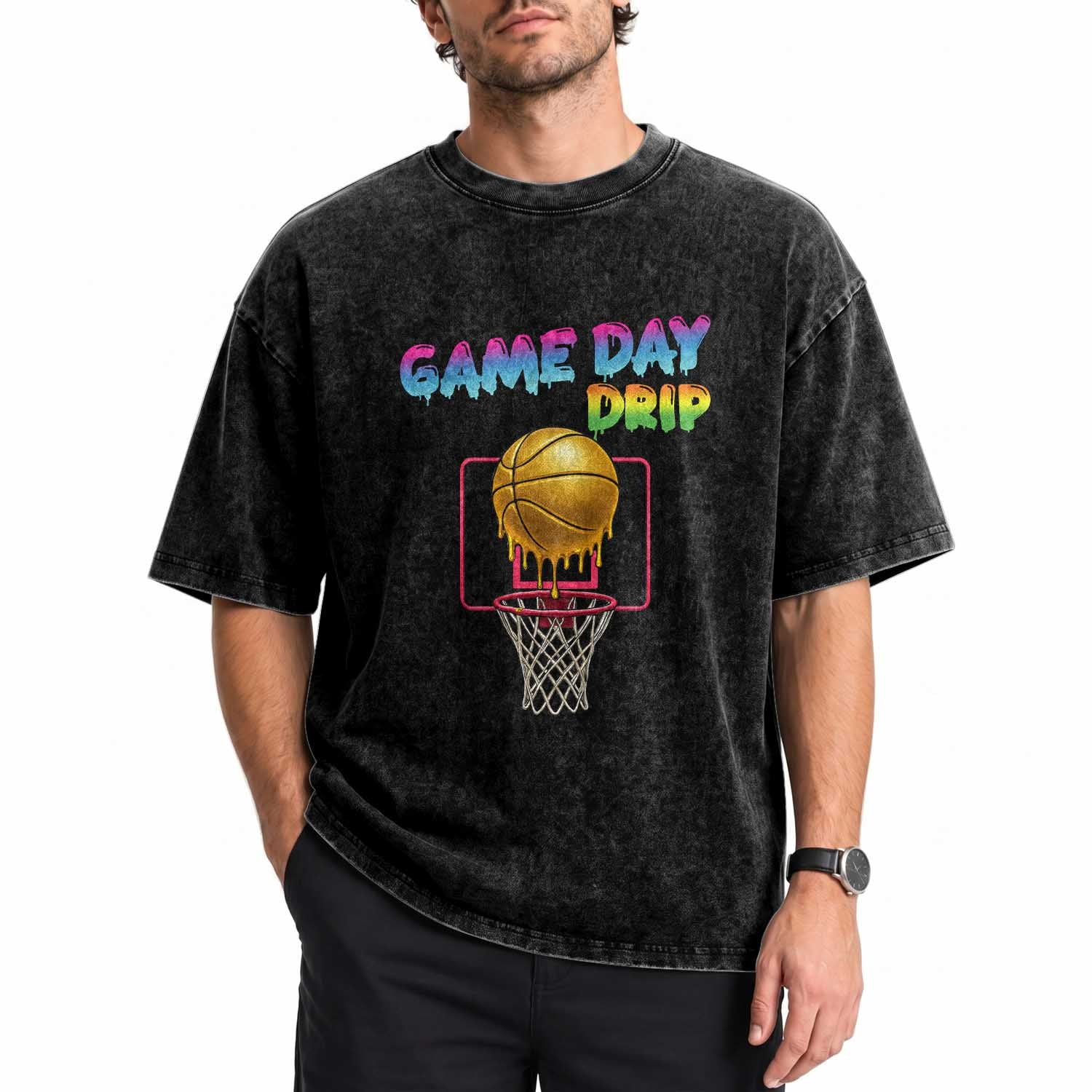 Game Day Drip Washed Cotton T-Shirt Funny Basketball Lover Street Style Design