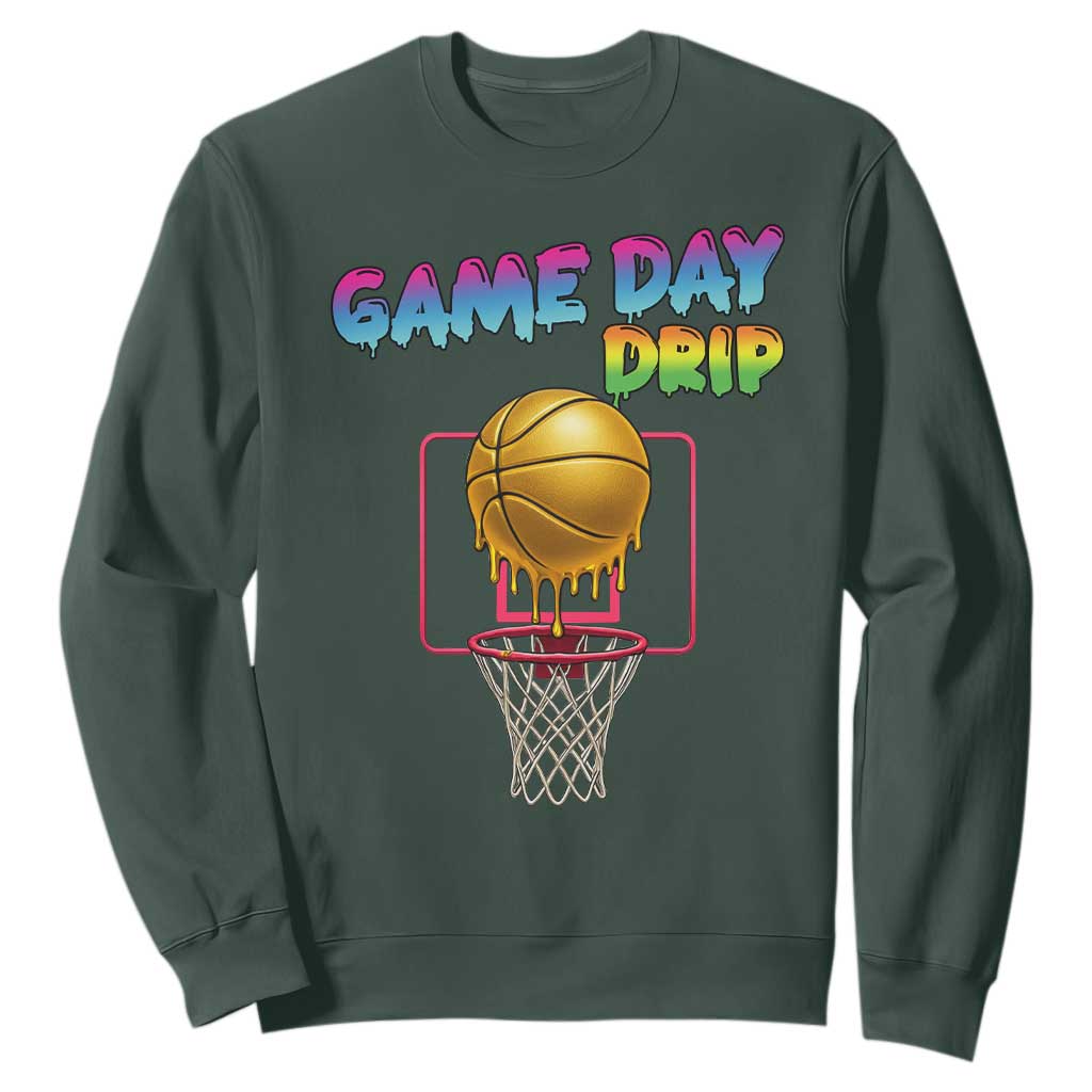 Game Day Drip Sweatshirt Funny Basketball Lover Street Style Design TS12 Dark Forest Green Print Your Wear