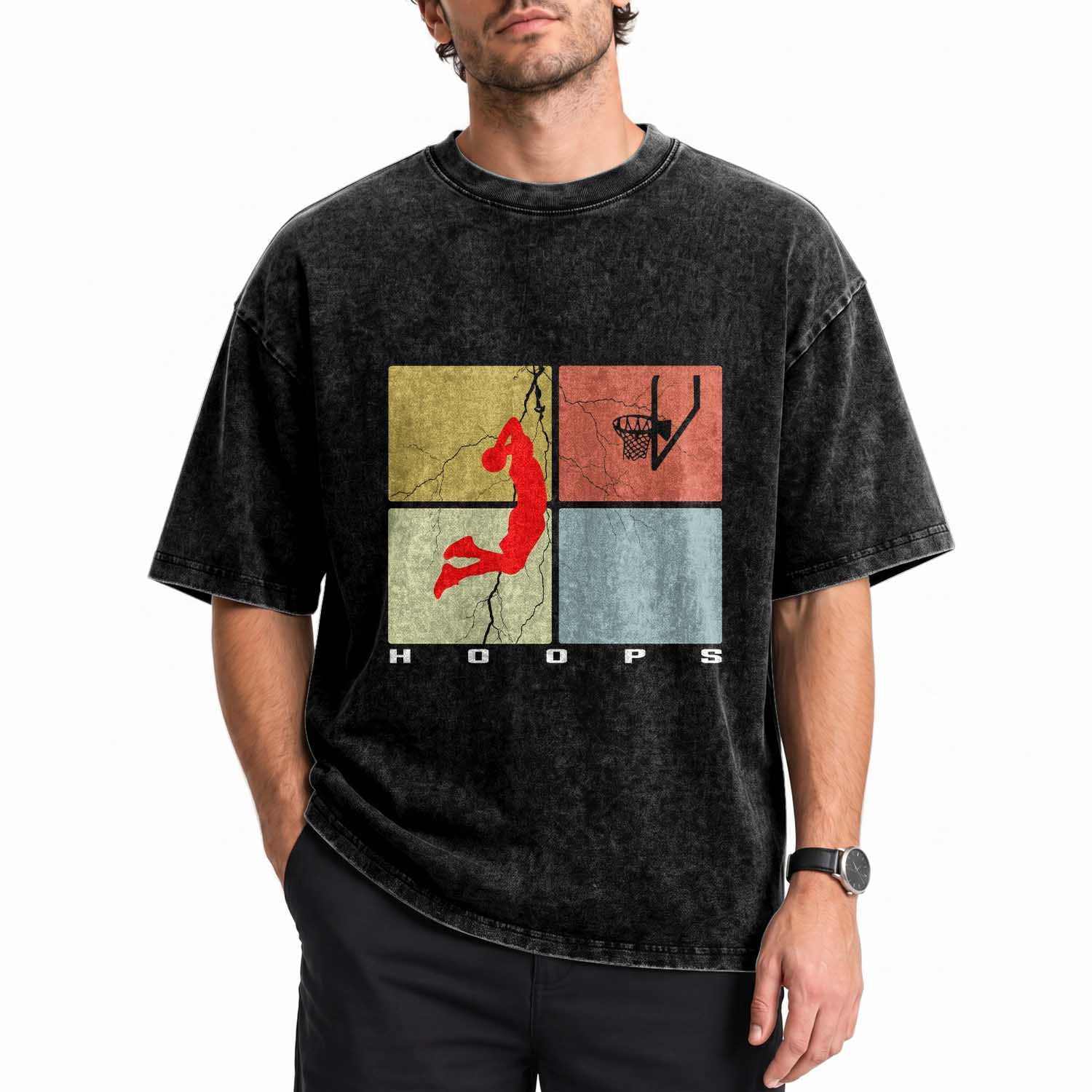 Hoops Life Washed Cotton T-Shirt Retro Basketball Dunk Silhouette