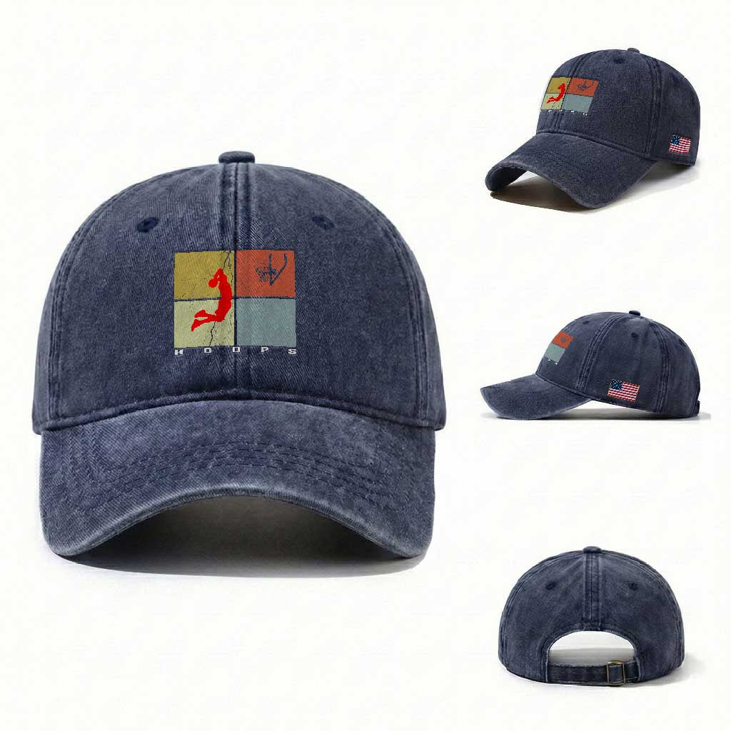Hoops Life Washed Cotton Baseball Cap Retro Basketball Dunk Silhouette TS12 Washed Cap Universal Fit Navy Print Your Wear