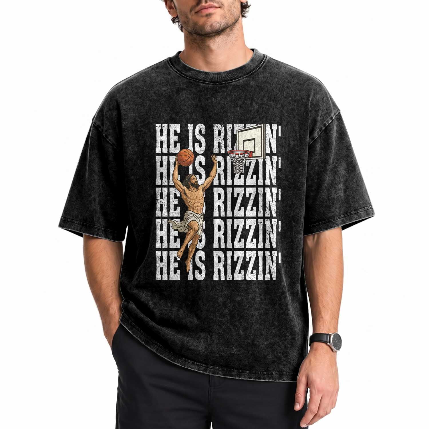 Christian Basketball Lover Washed Cotton T-Shirt He Is Rizzin Funny Gift