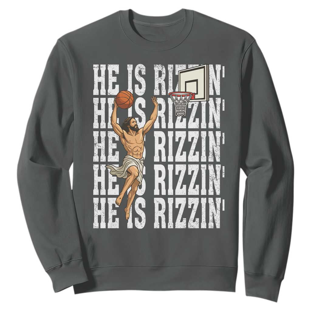 Christian Basketball Lover Sweatshirt He Is Rizzin Funny Gift TS12 Dark Heather Print Your Wear