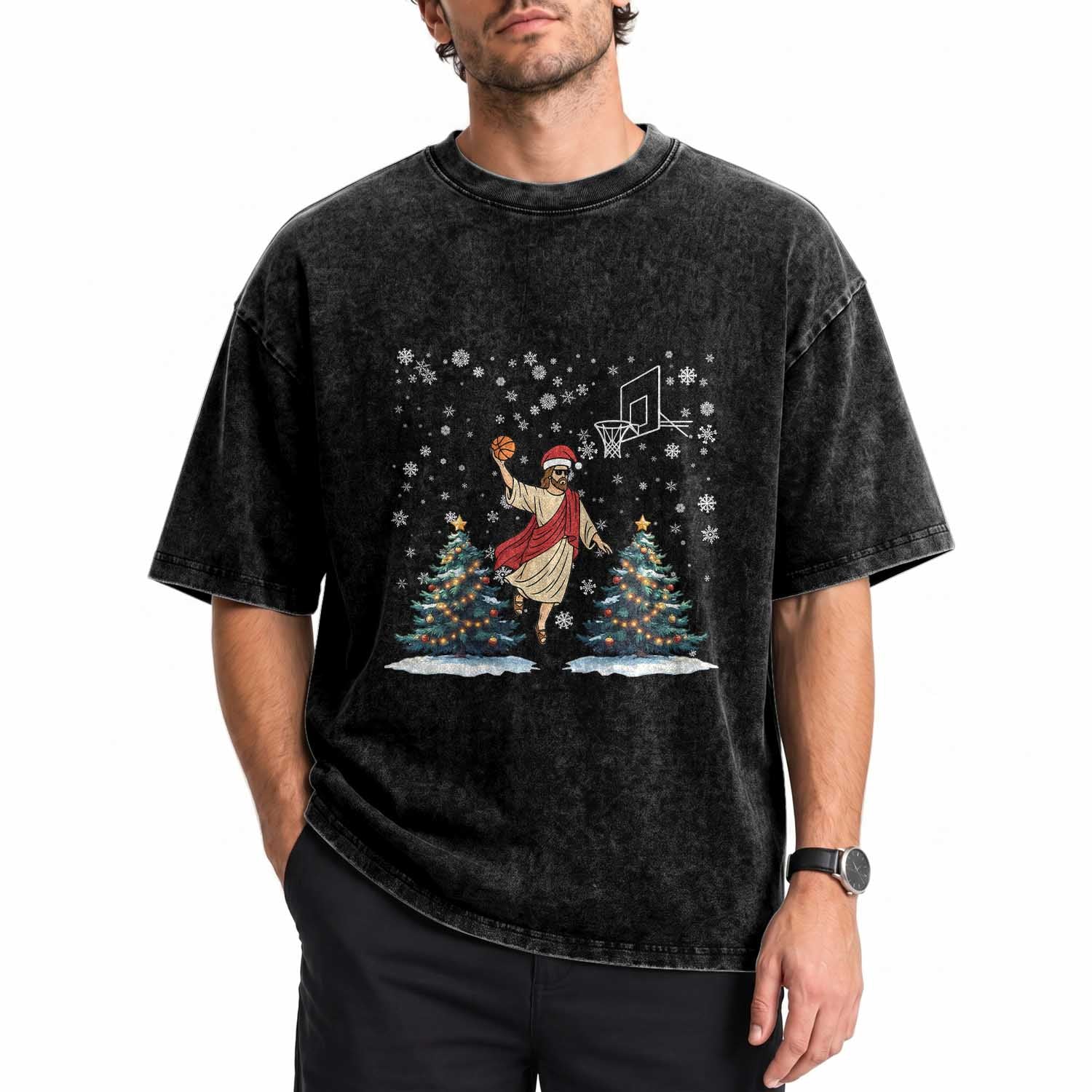 He Is Rizzin Washed Cotton T-Shirt Funny Christmas Slam Dunk Basketball Gift