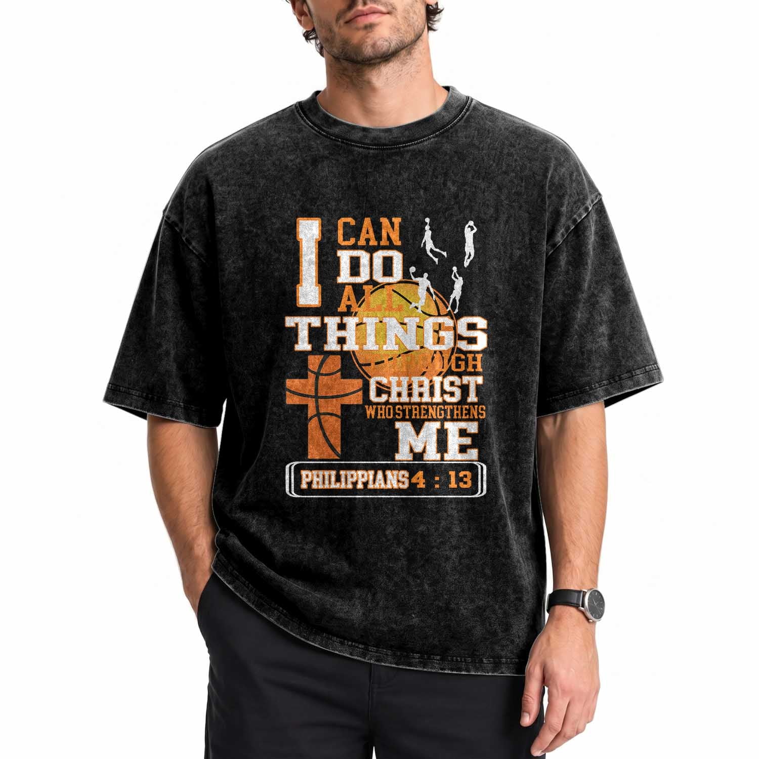 Christian Basketball Washed Cotton T-Shirt I Can Do All Things Through Christ Bible Verse