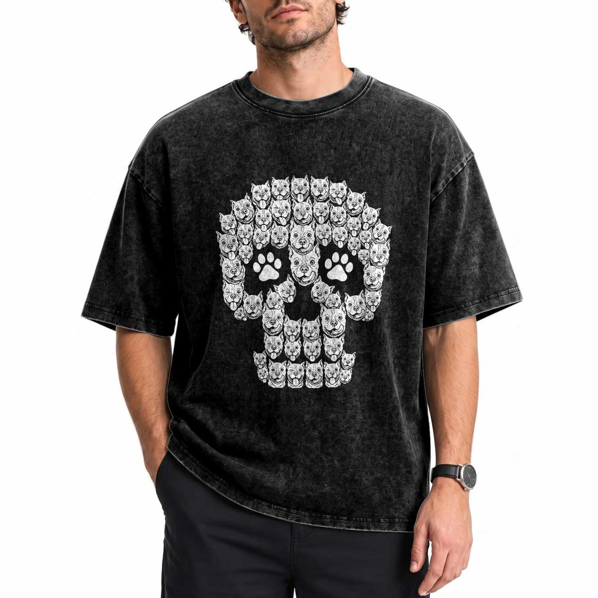 Funny Pitbull Skull Halloween Washed Cotton T-Shirt Bully Dog Lover Spooky Gift