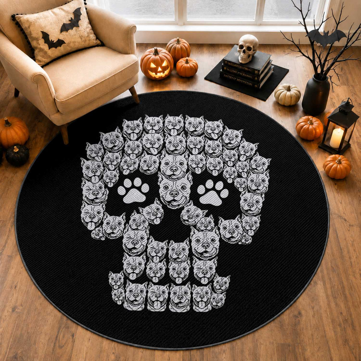 Funny Pitbull Skull Halloween Round Rug Bully Dog Lover Spooky Gift