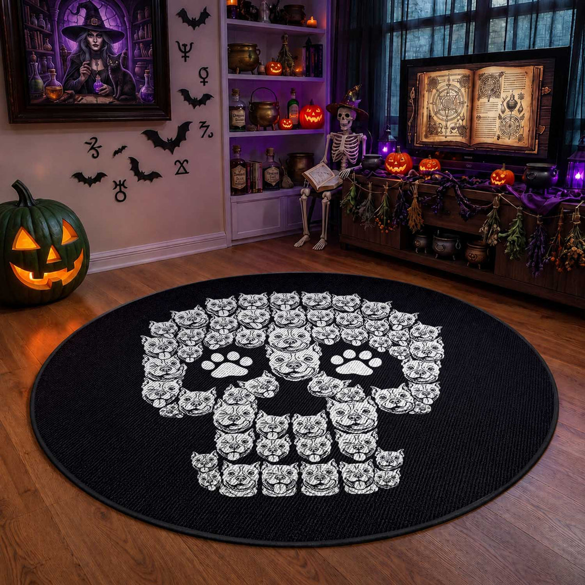 Funny Pitbull Skull Halloween Round Rug Bully Dog Lover Spooky Gift