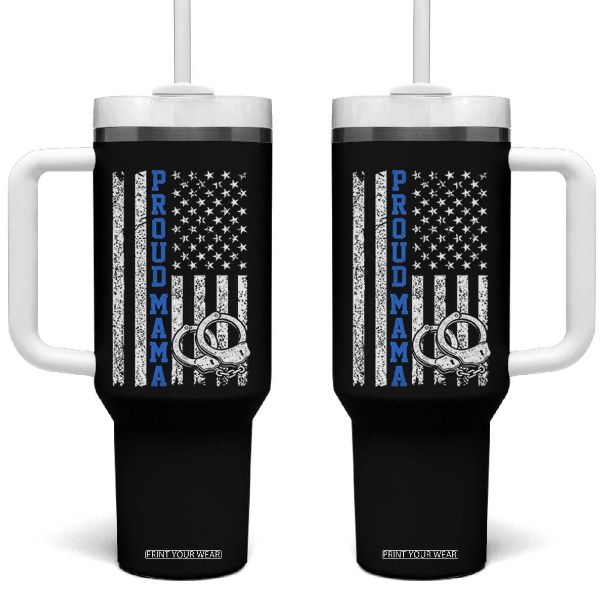 Proud Police Mom Tumbler With Handle Patriotic Flag Handcuffs Law Enforcement Gift