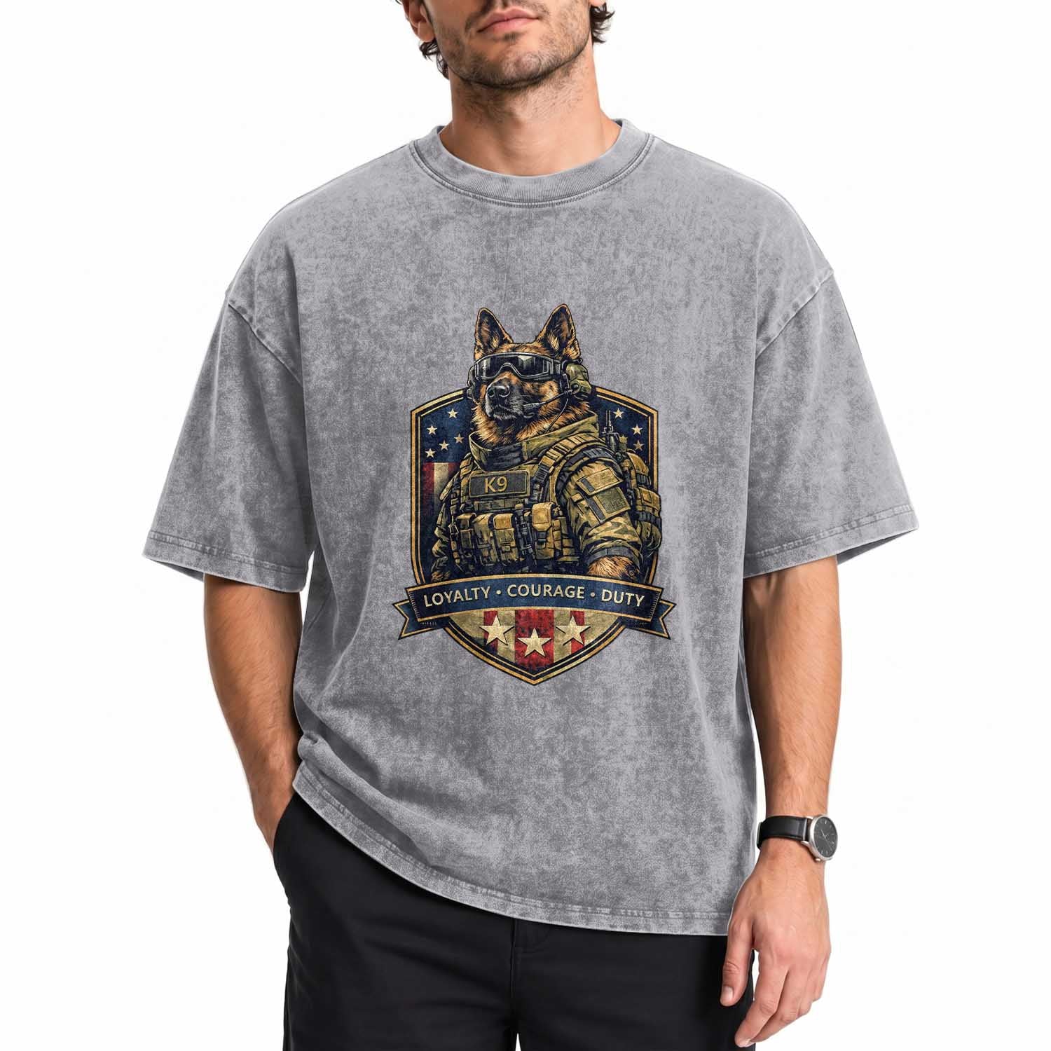Tactical K9 German Shepherd Dog Washed Cotton T-Shirt Loyalty Courage Duty Patriotic Flag Gift