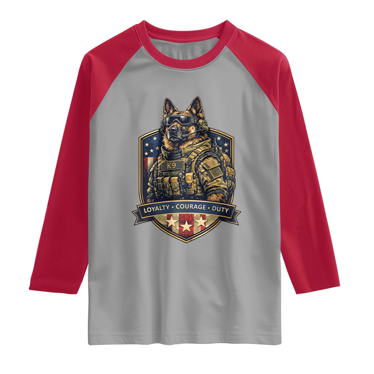 Tactical K9 German Shepherd Dog Raglan Shirt Loyalty Courage Duty Patriotic Flag Gift