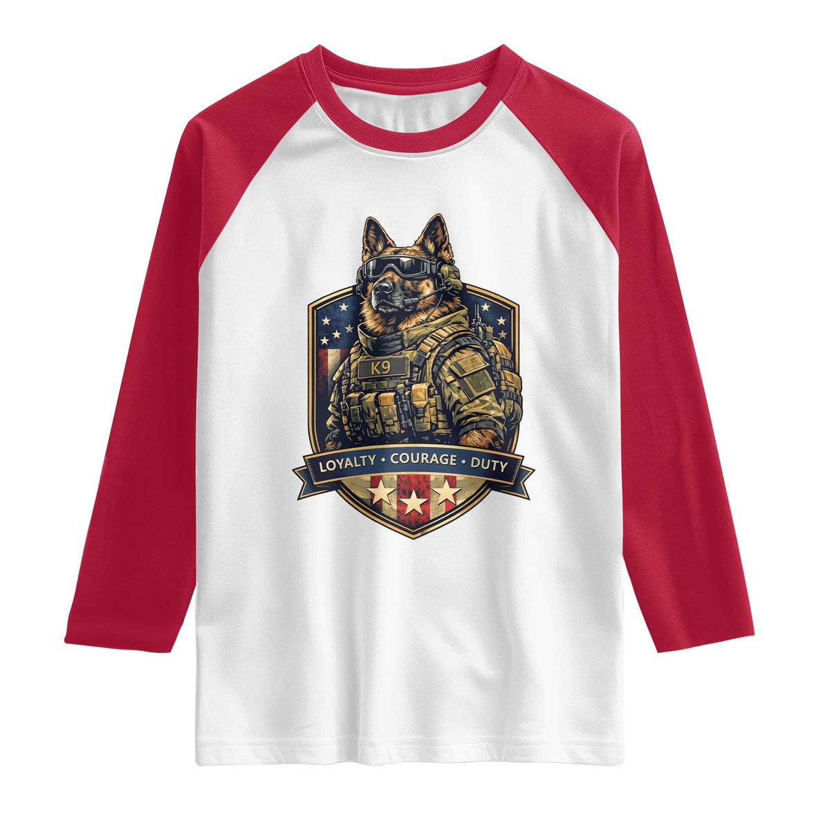 Tactical K9 German Shepherd Dog Raglan Shirt Loyalty Courage Duty Patriotic Flag Gift