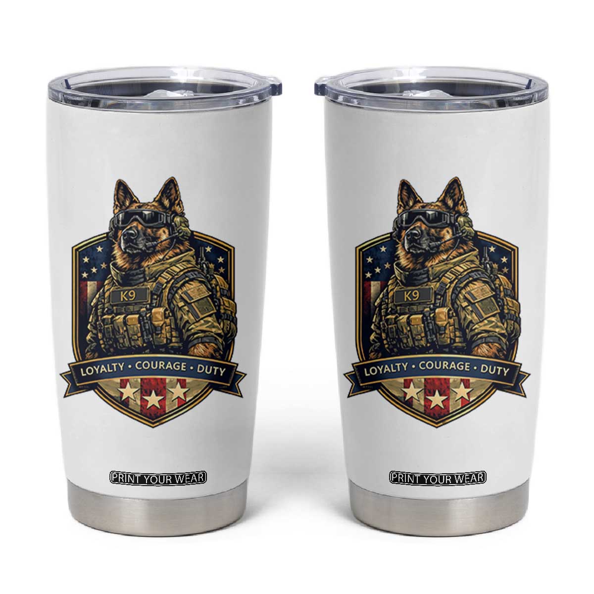 Tactical K9 German Shepherd Dog Tumbler Cup Loyalty Courage Duty Patriotic Flag Gift
