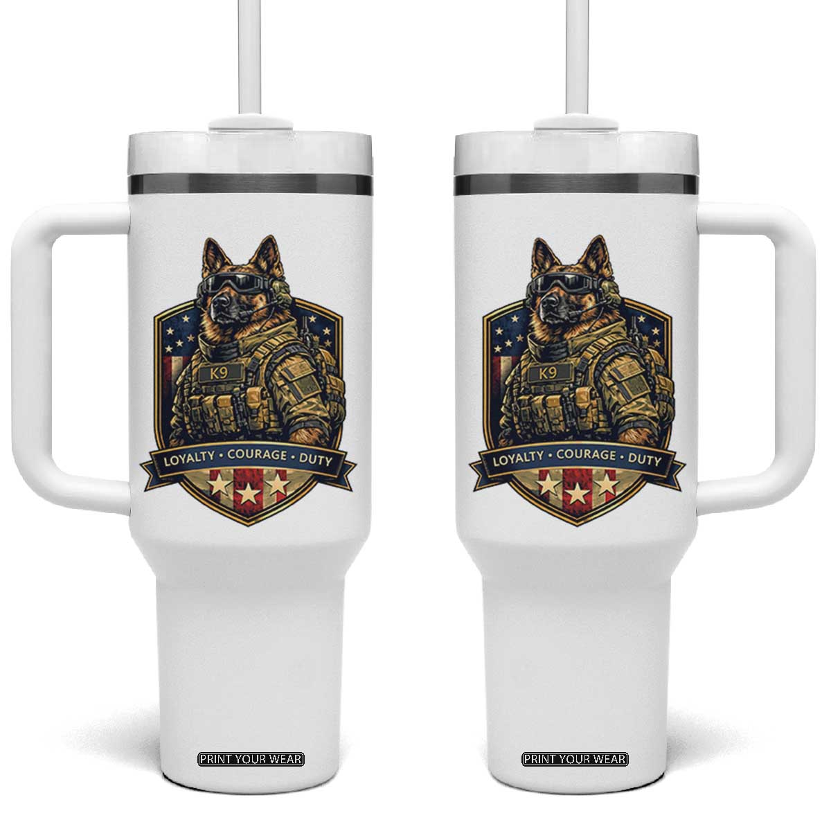 Tactical K9 German Shepherd Dog Tumbler With Handle Loyalty Courage Duty Patriotic Flag Gift