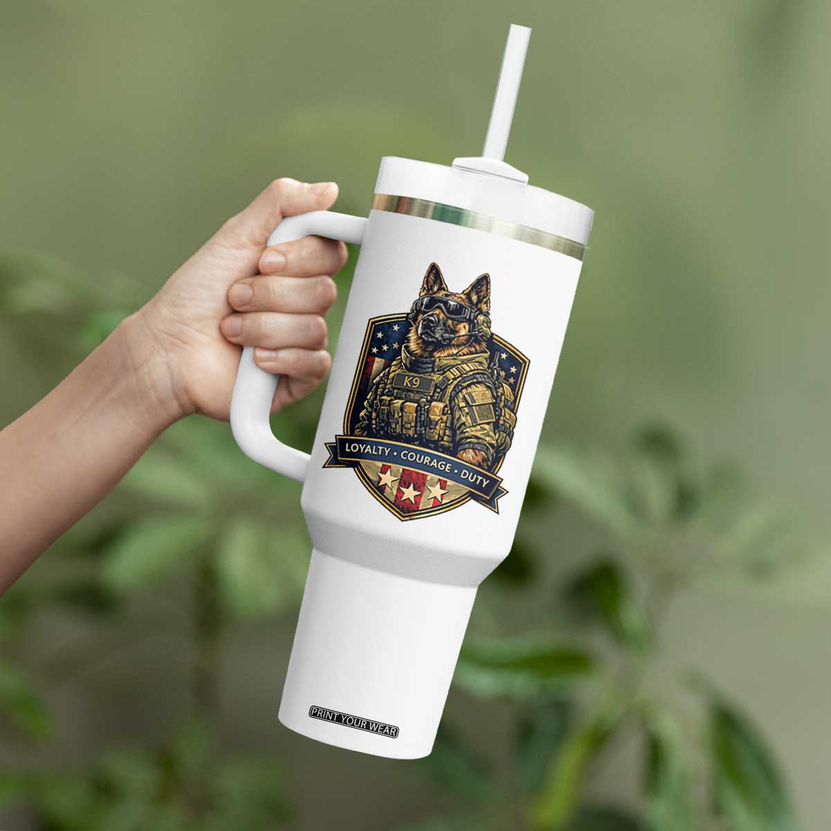 Tactical K9 German Shepherd Dog Tumbler With Handle Loyalty Courage Duty Patriotic Flag Gift