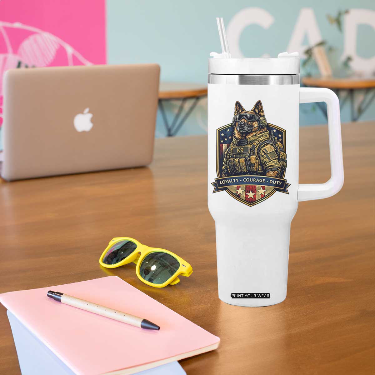 Tactical K9 German Shepherd Dog Tumbler With Handle Loyalty Courage Duty Patriotic Flag Gift