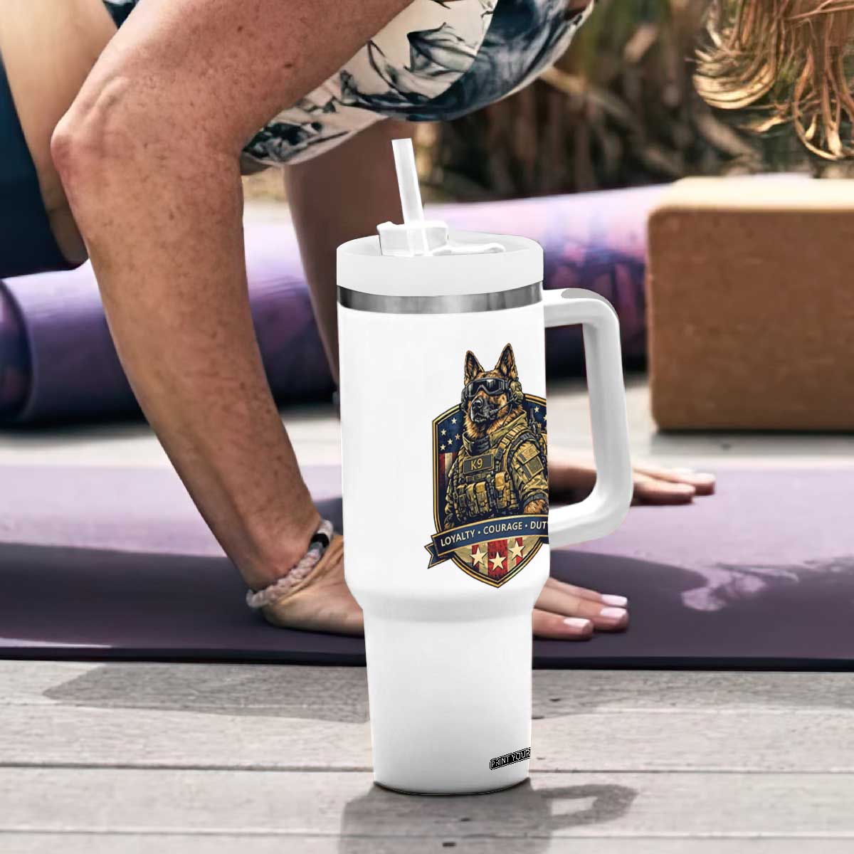 Tactical K9 German Shepherd Dog Tumbler With Handle Loyalty Courage Duty Patriotic Flag Gift
