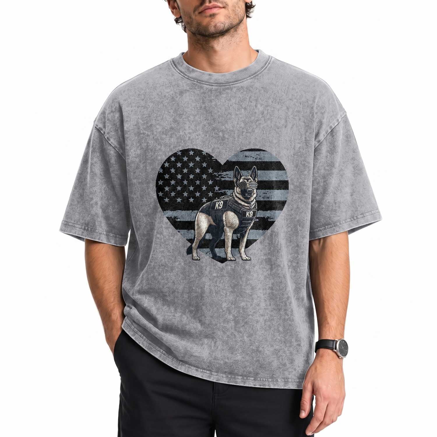 German Shepherd K9 Tactical Dog Washed Cotton T-Shirt Patriotic Police K9 Law Enforcement Gift