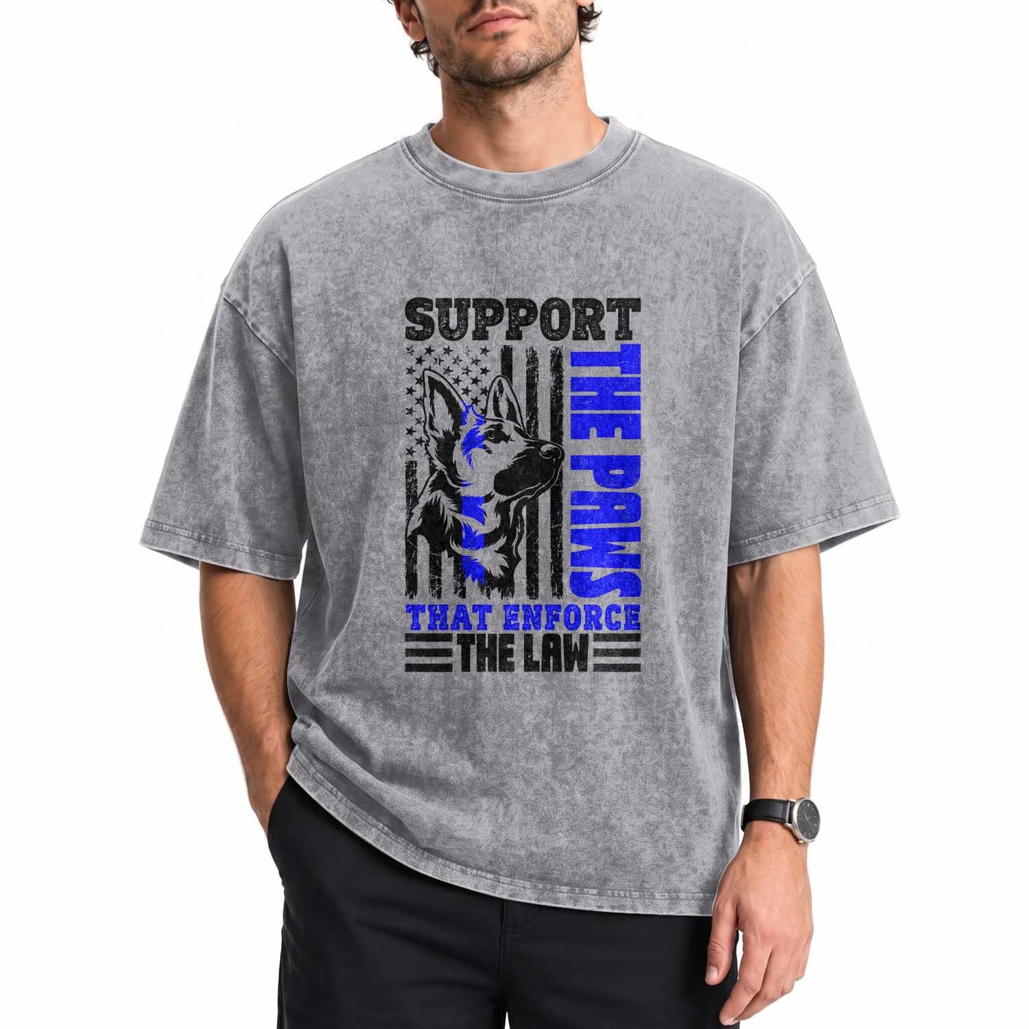 German Shepherd K9 Police Dog Gift Washed Cotton T-Shirt Support The Paws That Enforce The Law
