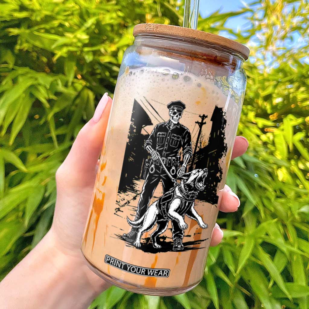 Skeleton Cop K9 German Shepherd Dog Glass Can Dark Alley Spooky Law Enforcement Gift