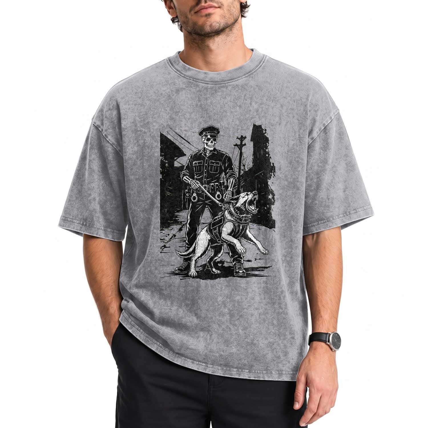 Skeleton Cop K9 German Shepherd Dog Washed Cotton T-Shirt Dark Alley Spooky Law Enforcement Gift