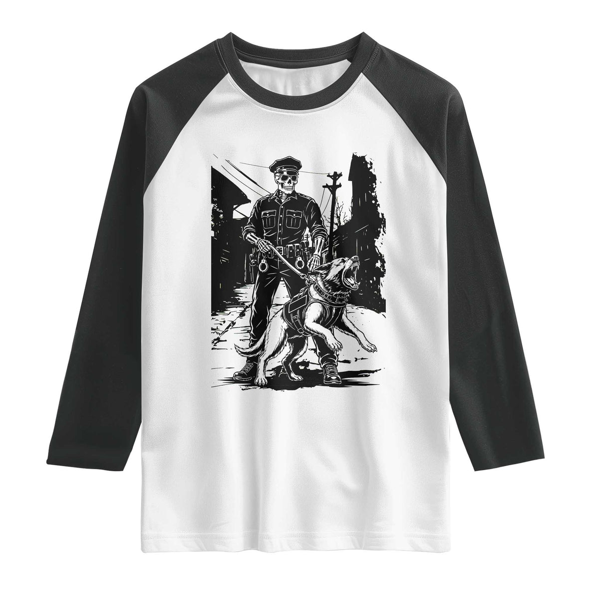 Skeleton Cop K9 German Shepherd Dog Raglan Shirt Dark Alley Spooky Law Enforcement Gift