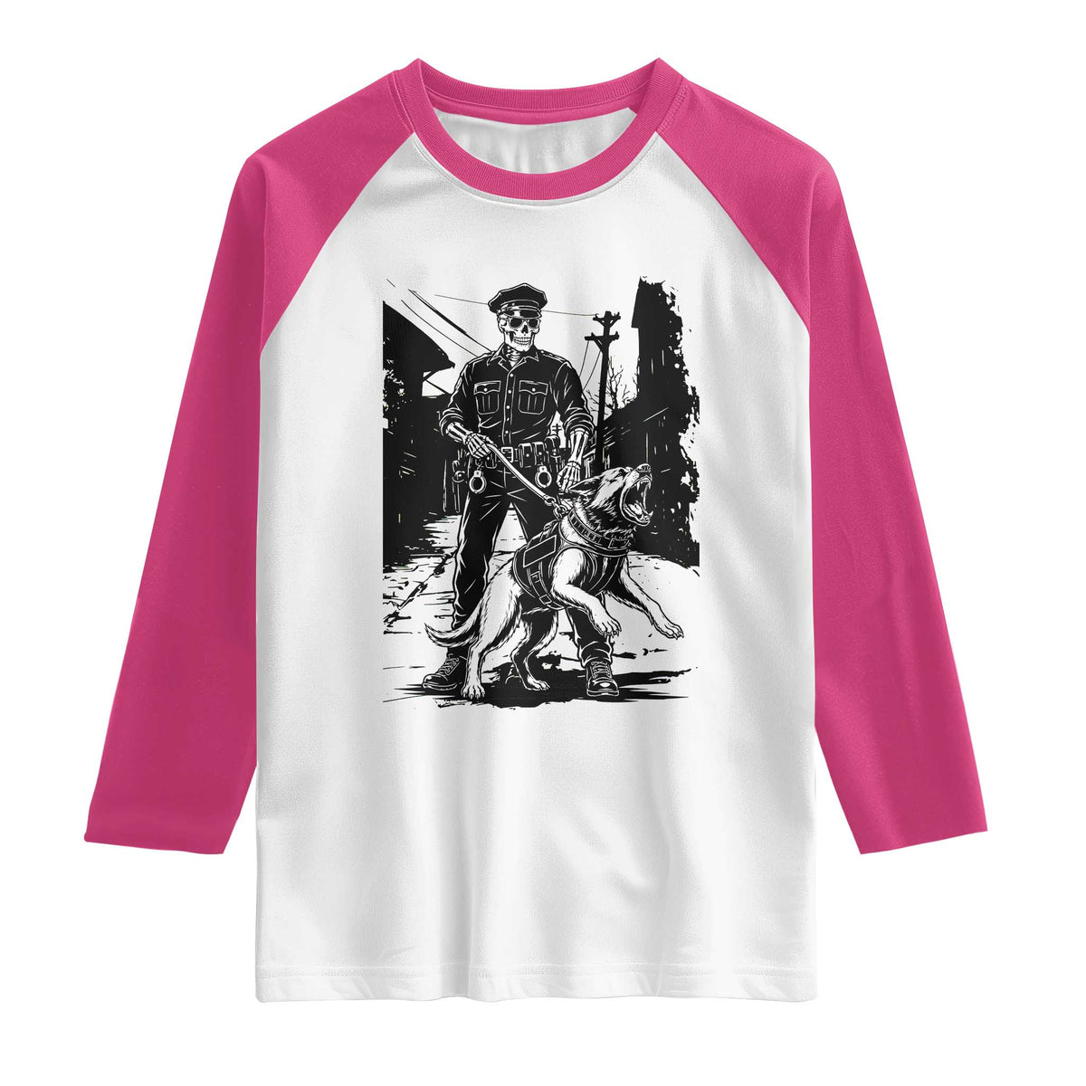 Skeleton Cop K9 German Shepherd Dog Raglan Shirt Dark Alley Spooky Law Enforcement Gift