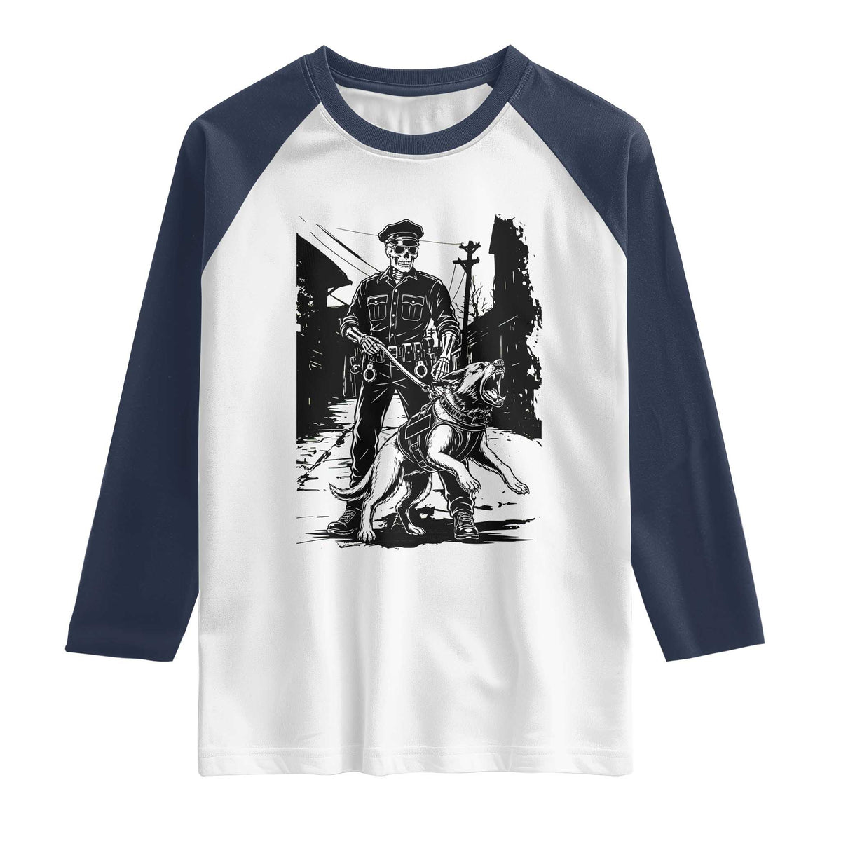 Skeleton Cop K9 German Shepherd Dog Raglan Shirt Dark Alley Spooky Law Enforcement Gift