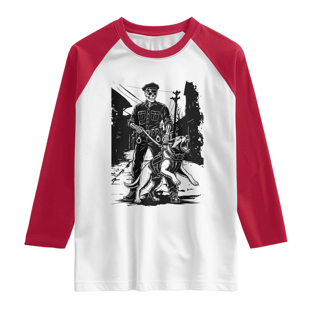 Skeleton Cop K9 German Shepherd Dog Raglan Shirt Dark Alley Spooky Law Enforcement Gift