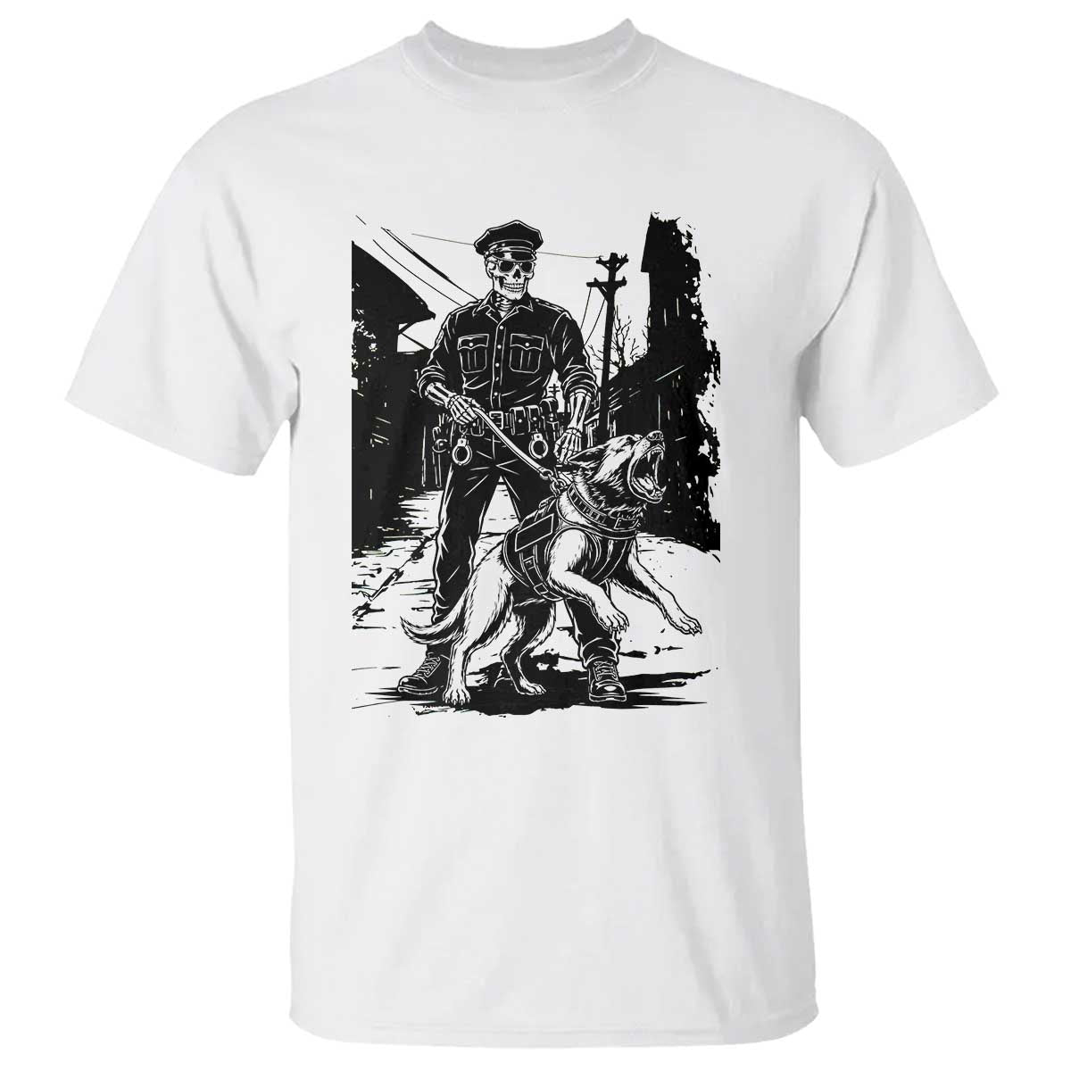 Skeleton Cop K9 German Shepherd Dog T Shirt Dark Alley Spooky Law Enforcement Gift