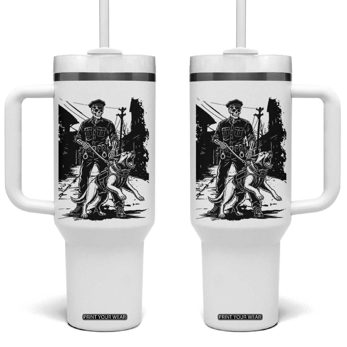 Skeleton Cop K9 German Shepherd Dog Tumbler With Handle Dark Alley Spooky Law Enforcement Gift