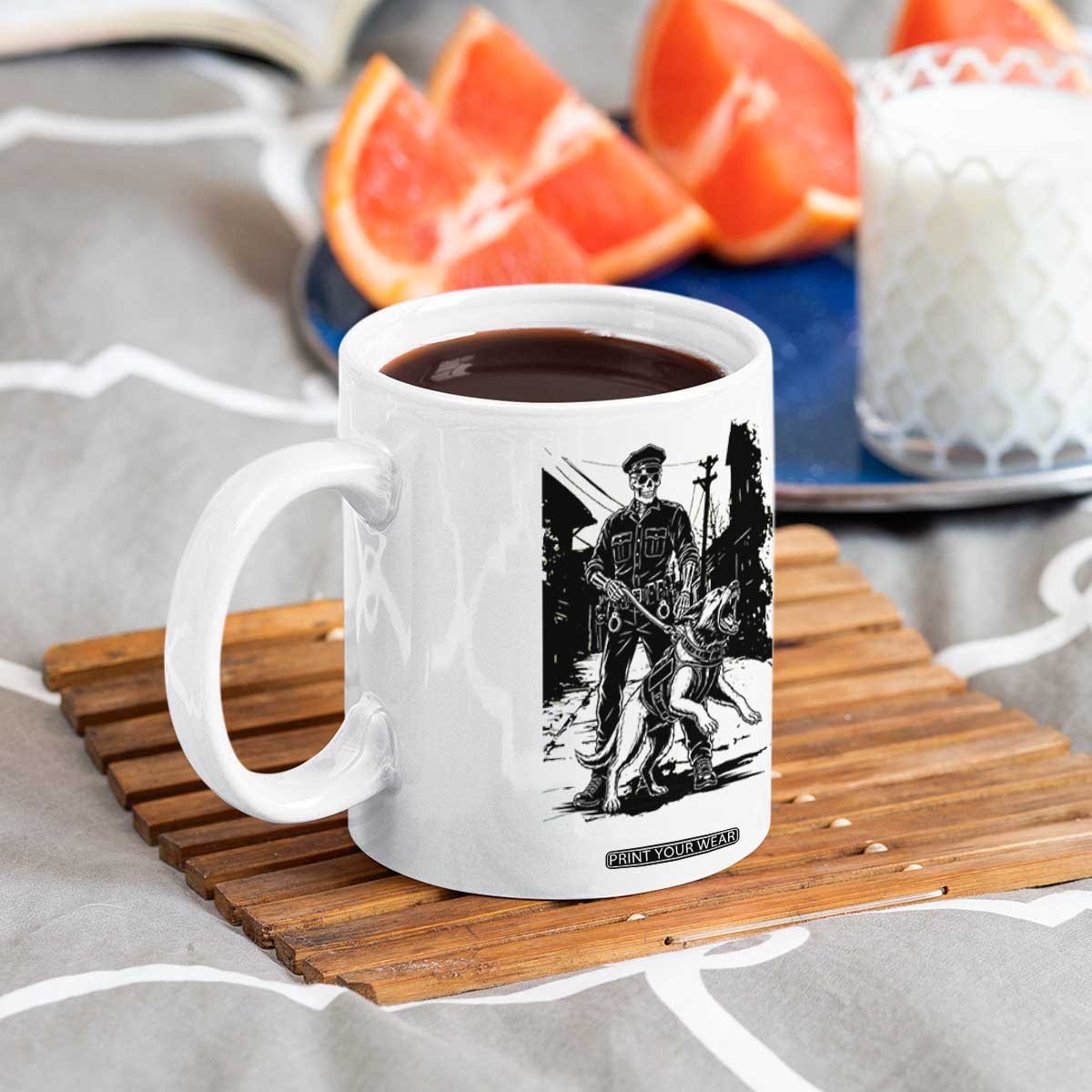 Skeleton Cop K9 German Shepherd Dog Coffee Mug Dark Alley Spooky Law Enforcement Gift