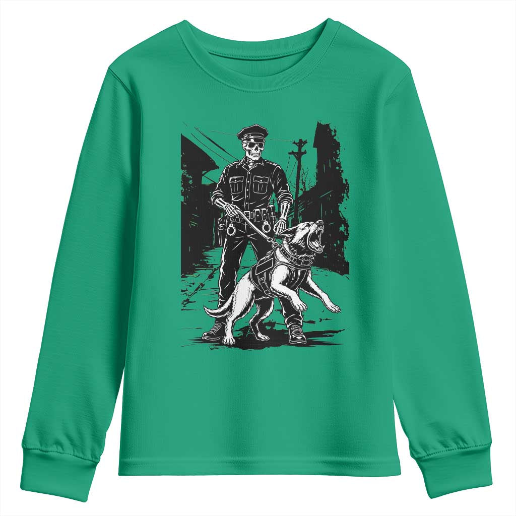 Skeleton Cop K9 German Shepherd Dog Youth Sweatshirt Dark Alley Spooky Law Enforcement Gift