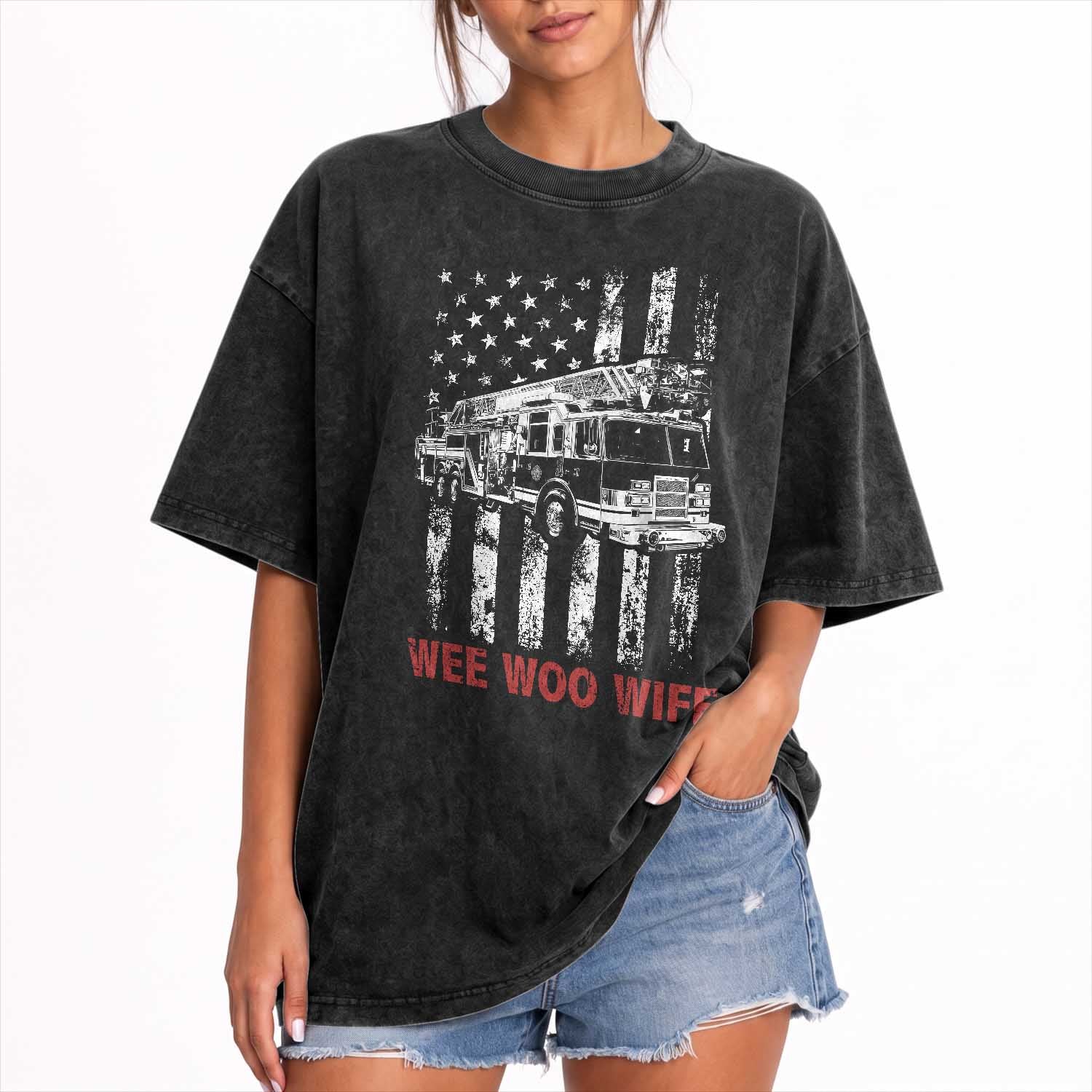 Firefighter First Responder Spouse Fire Truck Gift Washed Cotton T-Shirt Wee Woo Wife