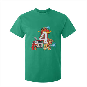 4th Birthday Firefighter Dinosaur T Shirt For Kid Fire Engine Four Year Old Party Kids