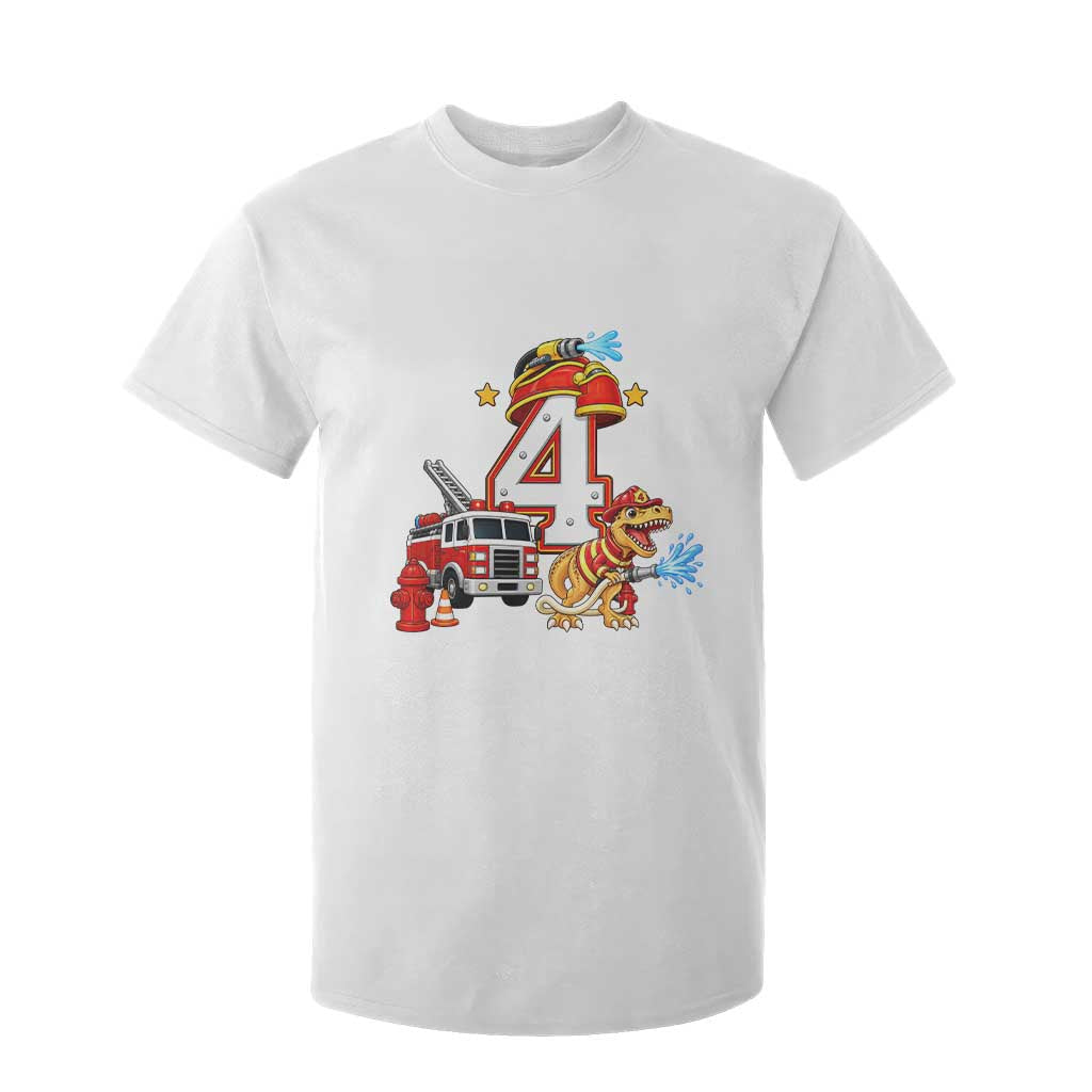 4th Birthday Firefighter Dinosaur T Shirt For Kid Fire Engine Four Year Old Party Kids