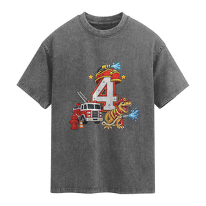 4th Birthday Firefighter Dinosaur Washed Cotton T-Shirt Fire Engine Four Year Old Party Kids
