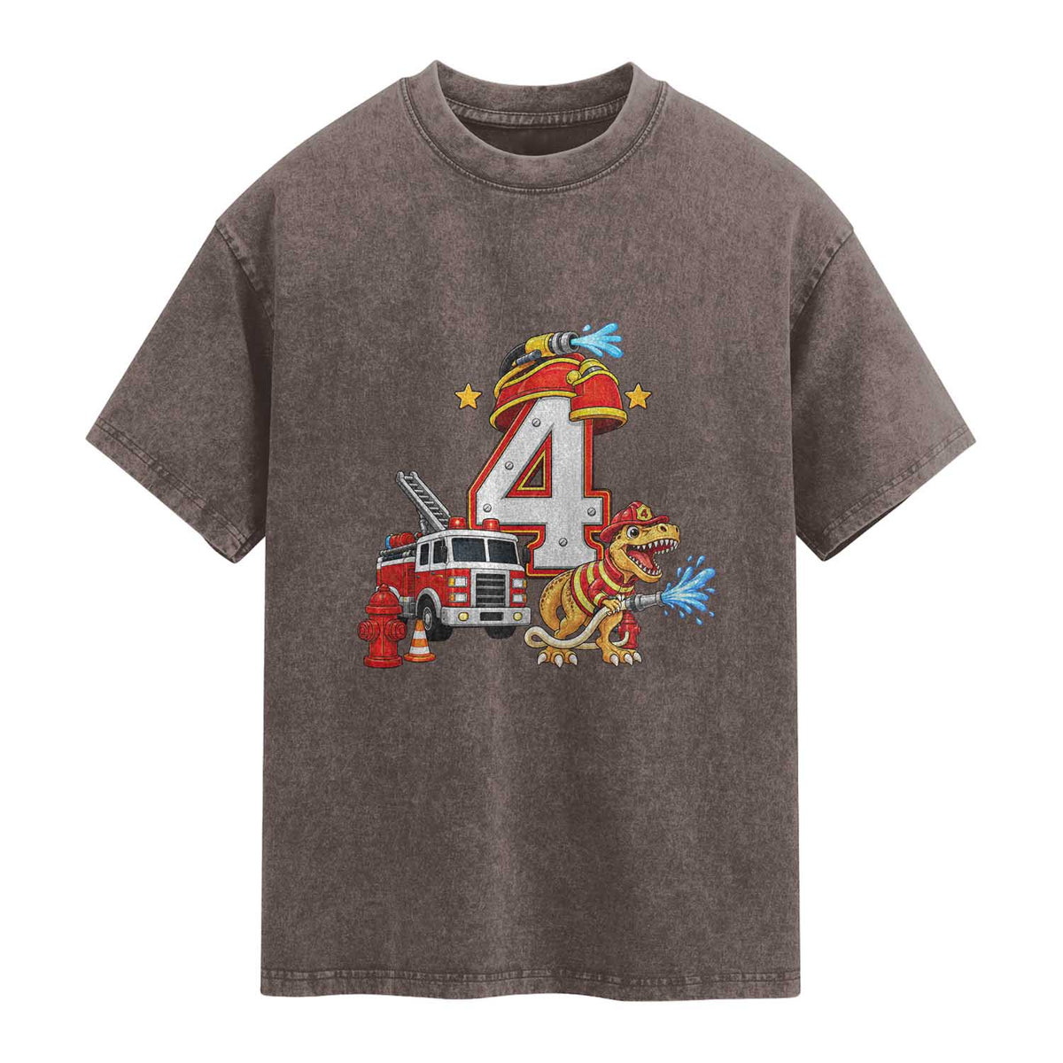 4th Birthday Firefighter Dinosaur Washed Cotton T-Shirt Fire Engine Four Year Old Party Kids