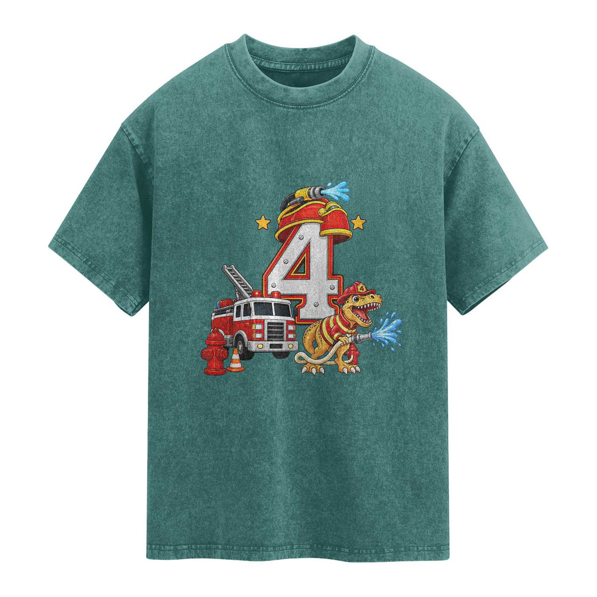 4th Birthday Firefighter Dinosaur Washed Cotton T-Shirt Fire Engine Four Year Old Party Kids