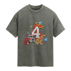 4th Birthday Firefighter Dinosaur Washed Cotton T-Shirt Fire Engine Four Year Old Party Kids