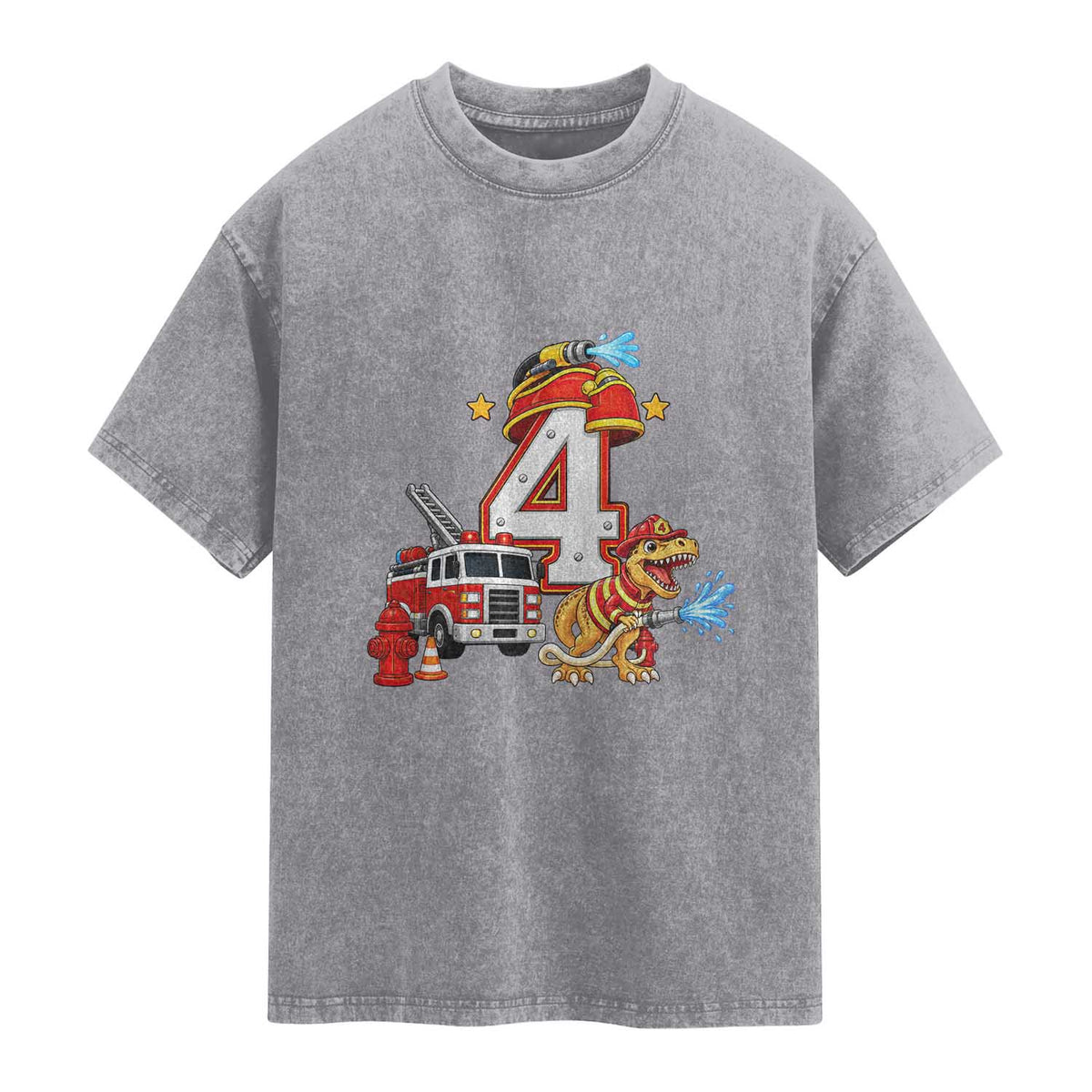 4th Birthday Firefighter Dinosaur Washed Cotton T-Shirt Fire Engine Four Year Old Party Kids