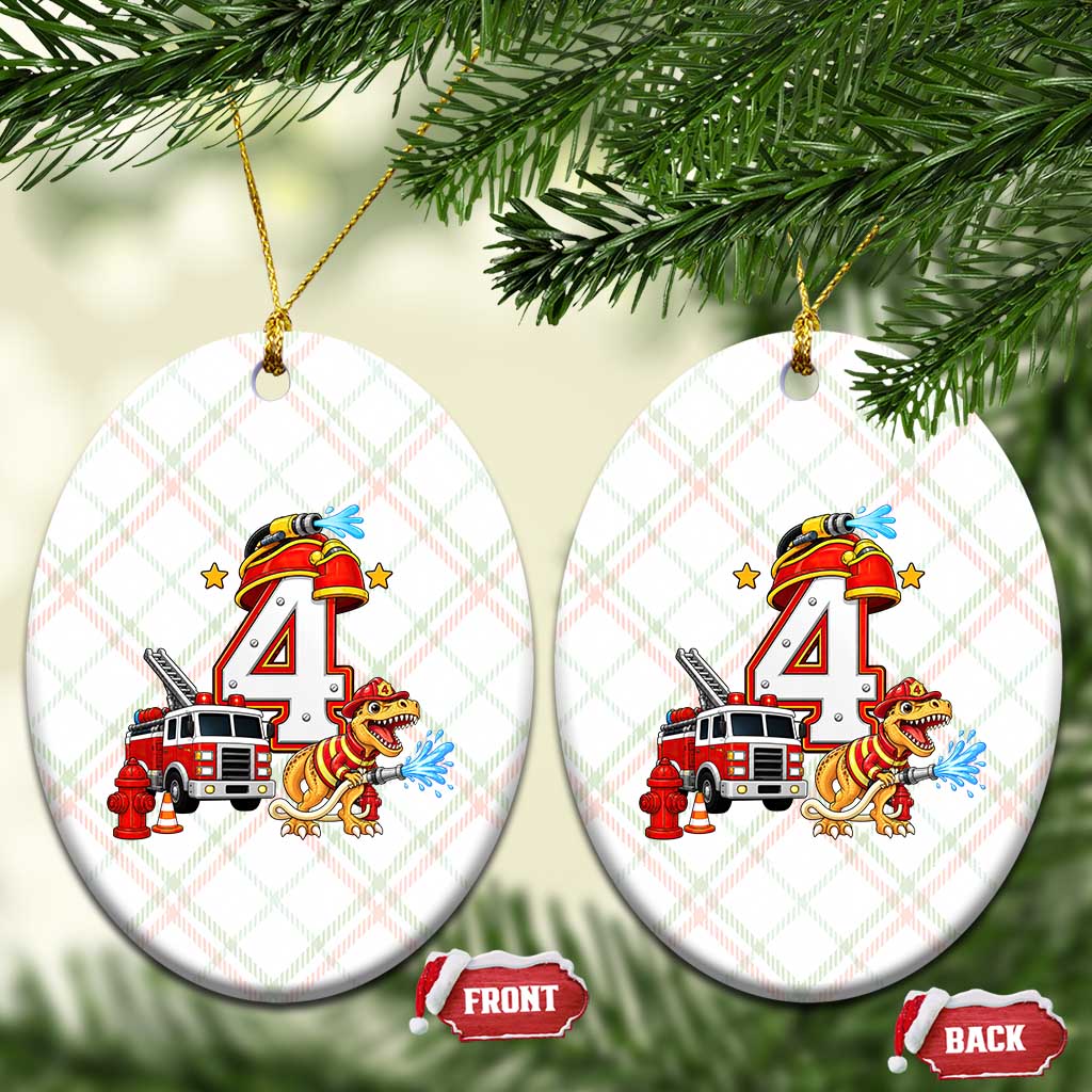 4th Birthday Firefighter Dinosaur Ceramic Ornament Fire Engine Four Year Old Party Kids