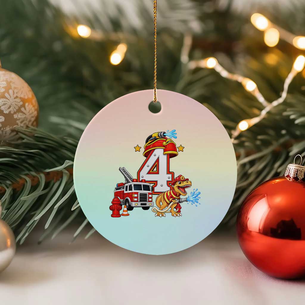 4th Birthday Firefighter Dinosaur Ceramic Ornament Fire Engine Four Year Old Party Kids