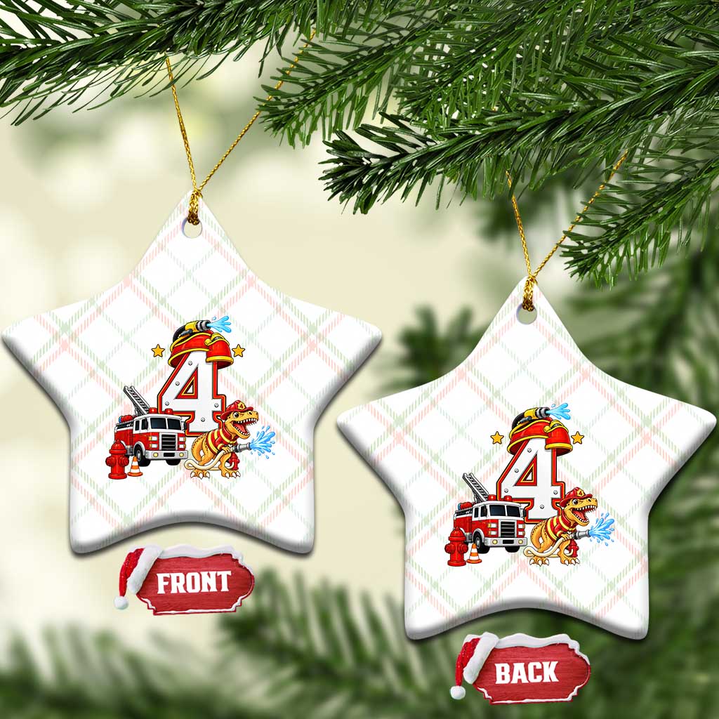 4th Birthday Firefighter Dinosaur Ceramic Ornament Fire Engine Four Year Old Party Kids