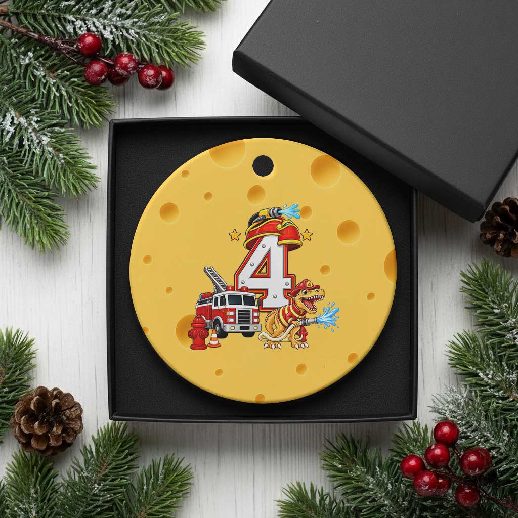 4th Birthday Firefighter Dinosaur Ceramic Ornament Fire Engine Four Year Old Party Kids
