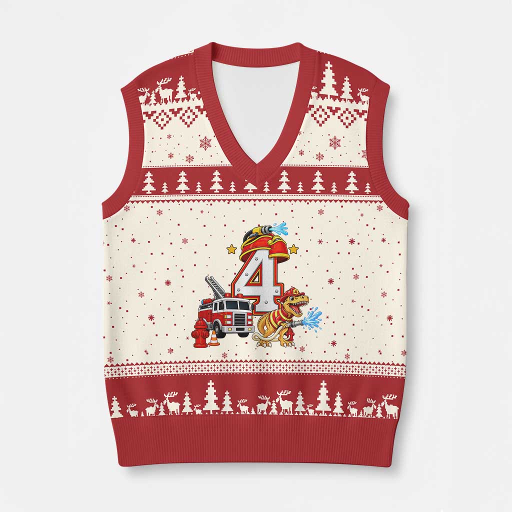 4th Birthday Firefighter Dinosaur V-Neck Knit Sweater Vest Fire Engine Four Year Old Party Kids