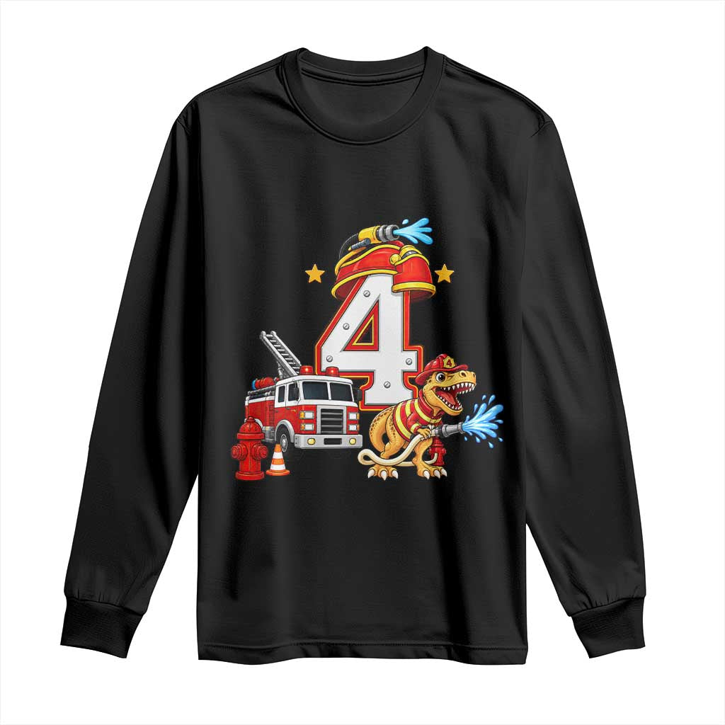 4th Birthday Firefighter Dinosaur Long Sleeve Shirt Fire Engine Four Year Old Party Kids
