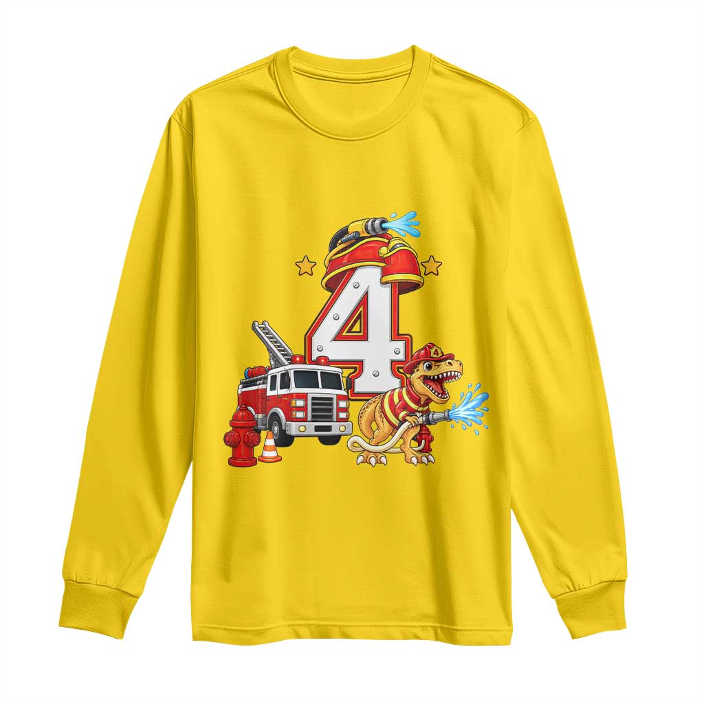 4th Birthday Firefighter Dinosaur Long Sleeve Shirt Fire Engine Four Year Old Party Kids