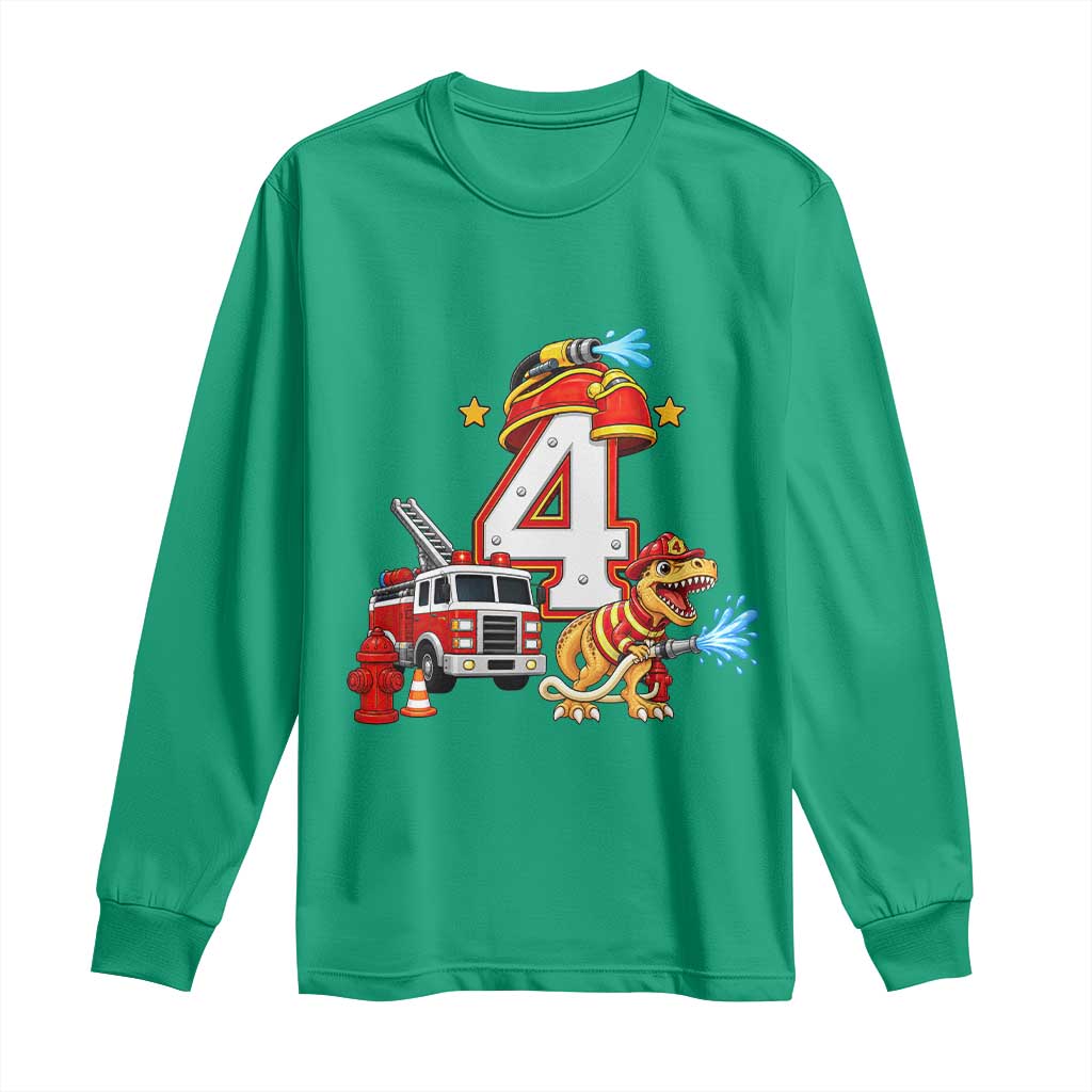4th Birthday Firefighter Dinosaur Long Sleeve Shirt Fire Engine Four Year Old Party Kids